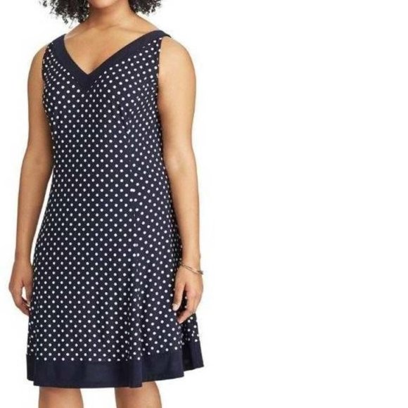 Womens Dress Chaps Blue Polka Dot 24W Fit & Flare Party Stretch Lined V-Neck - Picture 1 of 6